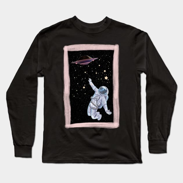Floating astronaut Ufo alien abduction funny cute spaceship moon mars cosmic space Long Sleeve T-Shirt by BoogieCreates